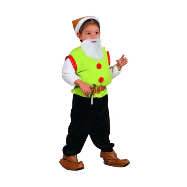 ילד קטן מחופש לגמד ולובש כובע, זקן, חולצה, מכנסיים, חגורה, כיסוי נעליים